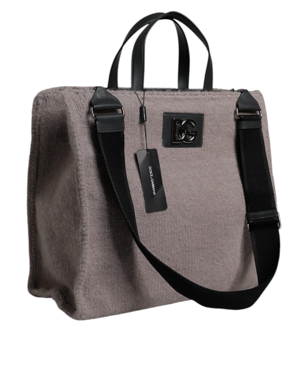 Dolce & Gabbana Grey Alpaca Wool Logo Plaque Tote Shoulder Bag