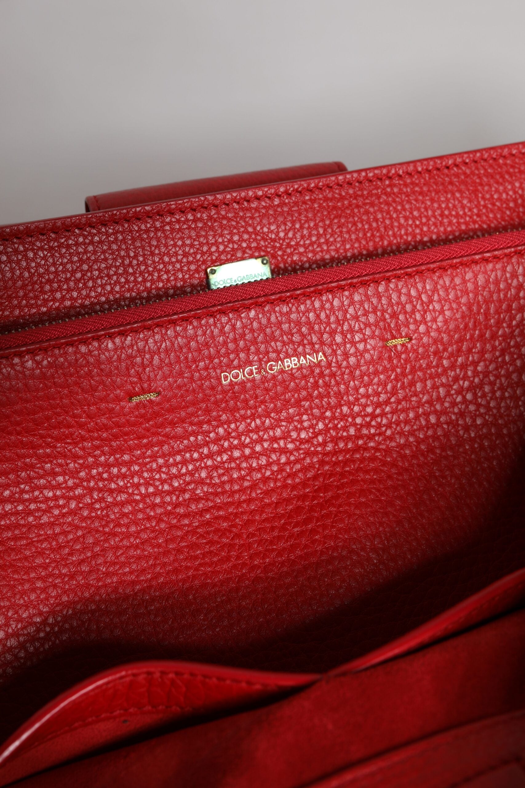 Dolce & Gabbana Red Calfskin Leather Logo Plaque Top Handle Bag