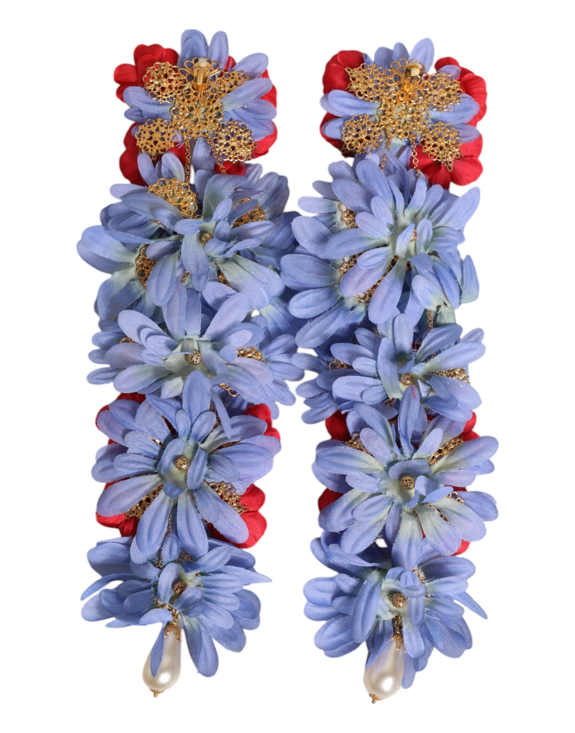 Dolce & Gabbana Gold Tone Brass Floral Crystal Clip On Dangling Earrings