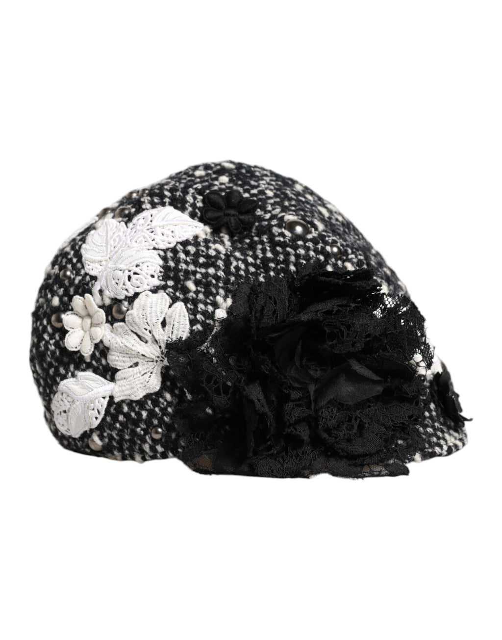 Dolce & Gabbana Black Wool White Floral Embellished Cloche Hat