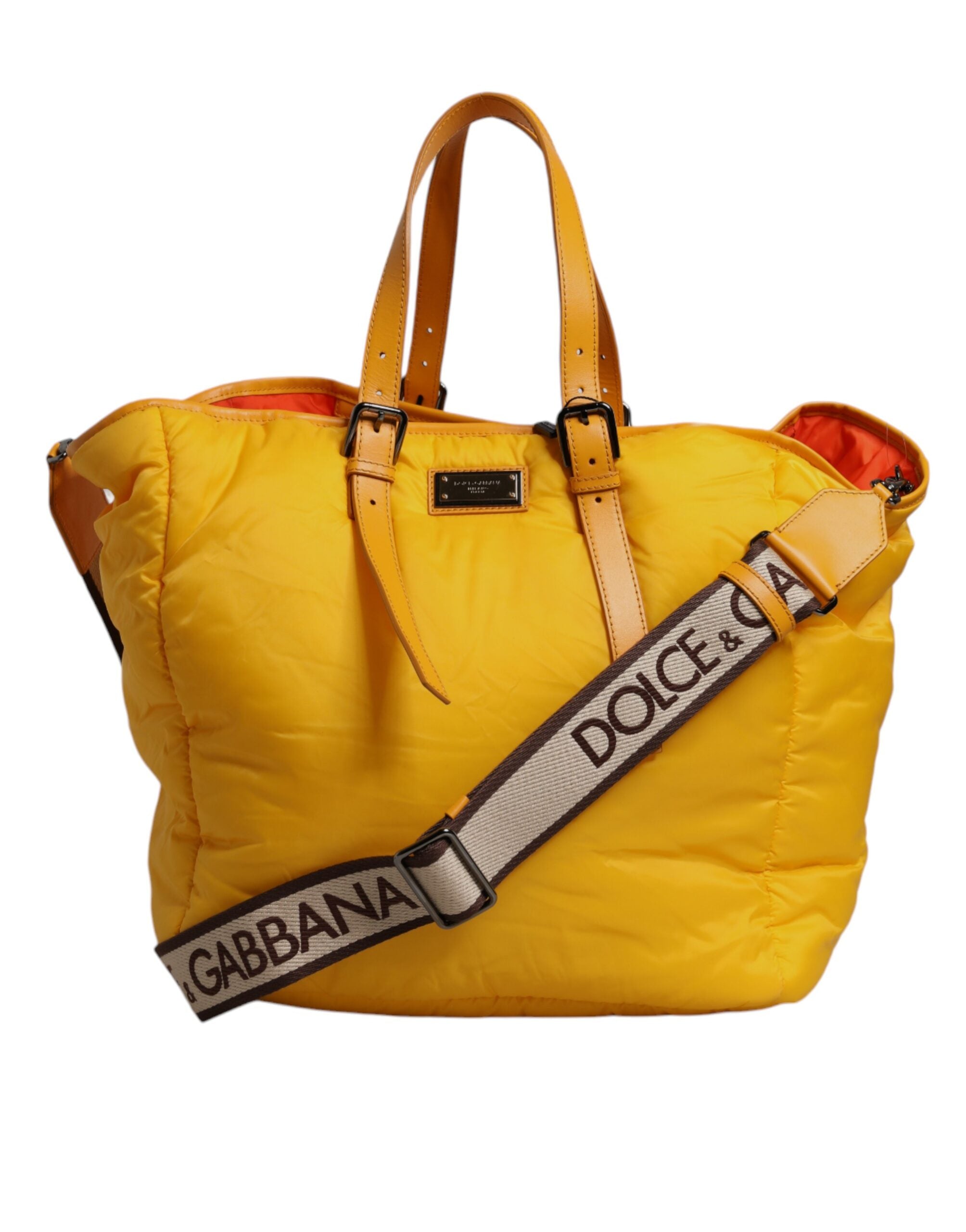Dolce & Gabbana Yellow Orange Nylon Logo Plaque Hand Shoulder Tote Bag