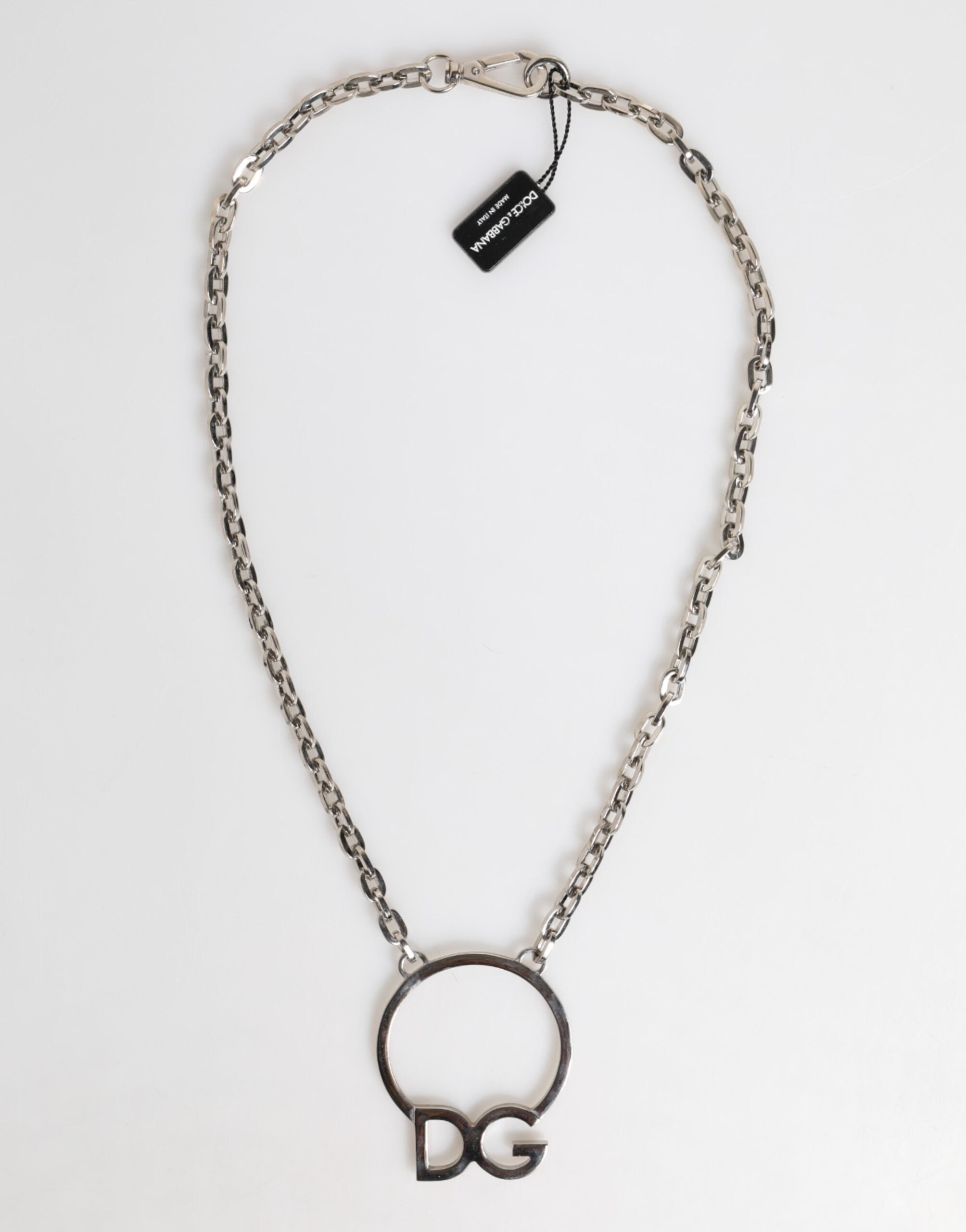 Dolce & Gabbana Silver Tone Brass Chain DG Logo Pendant Men Necklace