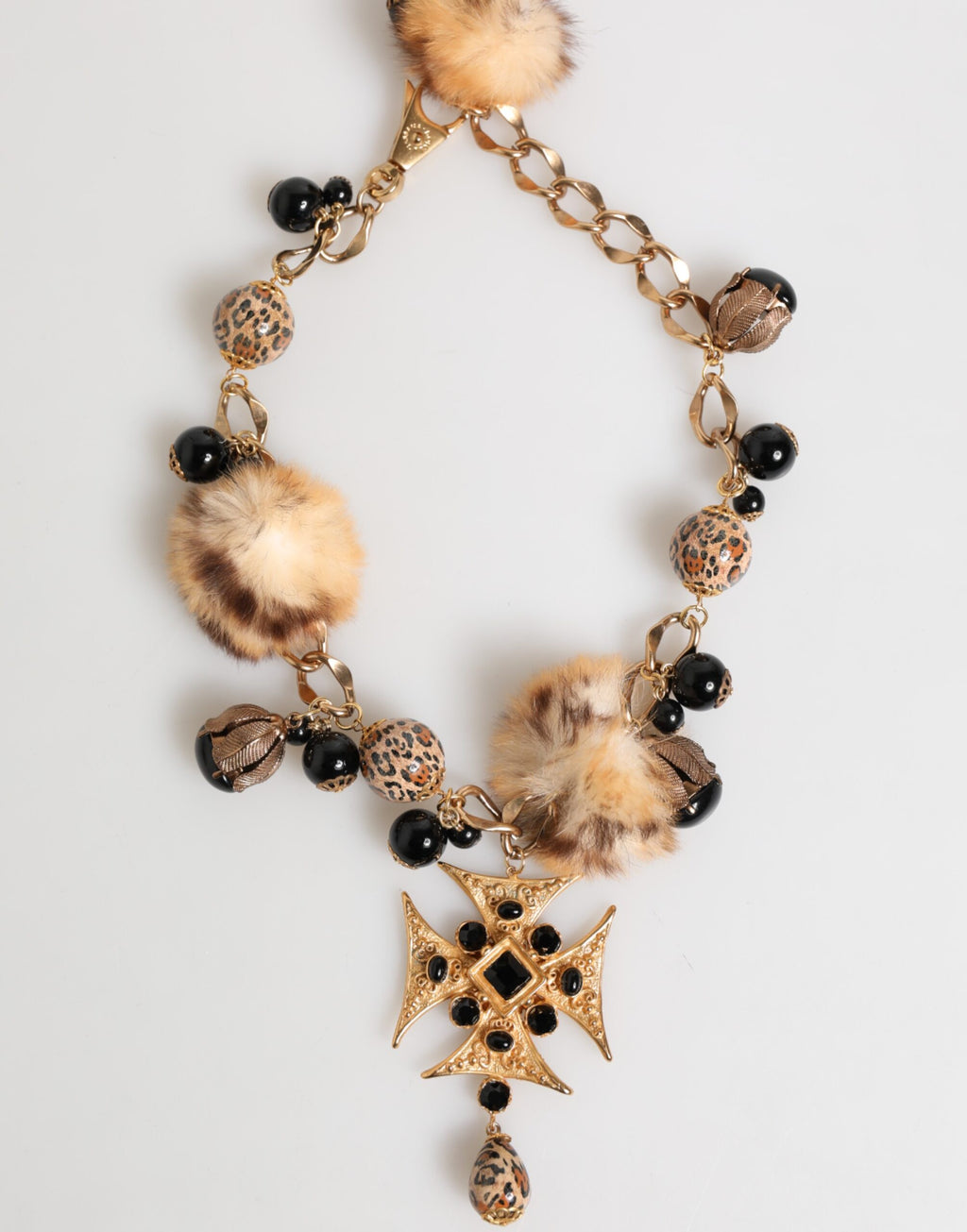 Dolce & Gabbana Gold Black Crystals Lapin Fur Filigree Choker Necklace